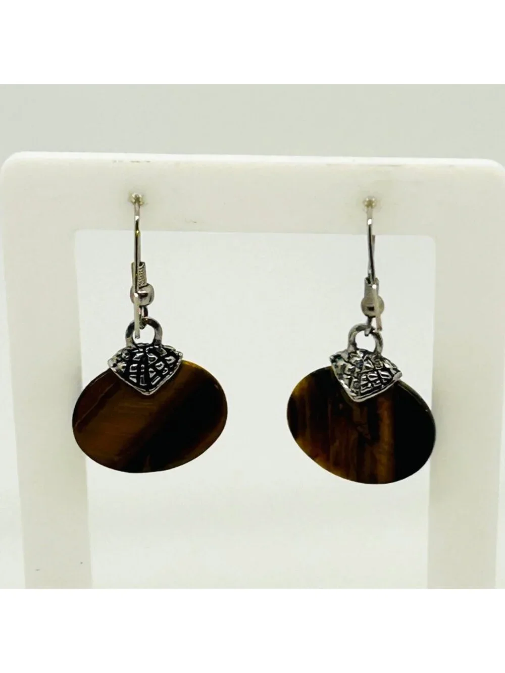 Tiger's Eye Dangle Drop Earrings Oval Gemstone Silver Tone Accents Modernist